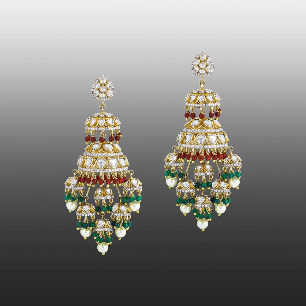 Polki Chandelier Earrings with Green and Red Beads, Pearl Drops